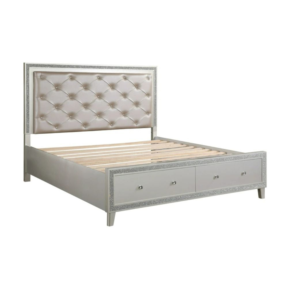 Sliverfluff Eastern King Bed w/Storage & LED, Synthetic Leather & Champagne Finish