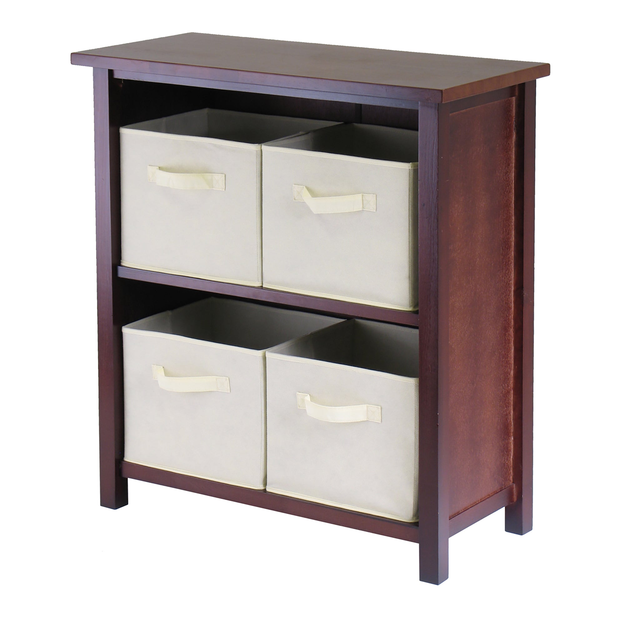 Verona 5-Pc Storage Shelf accompanied by 4 Foldable Fabric Baskets, in Walnut and Beige