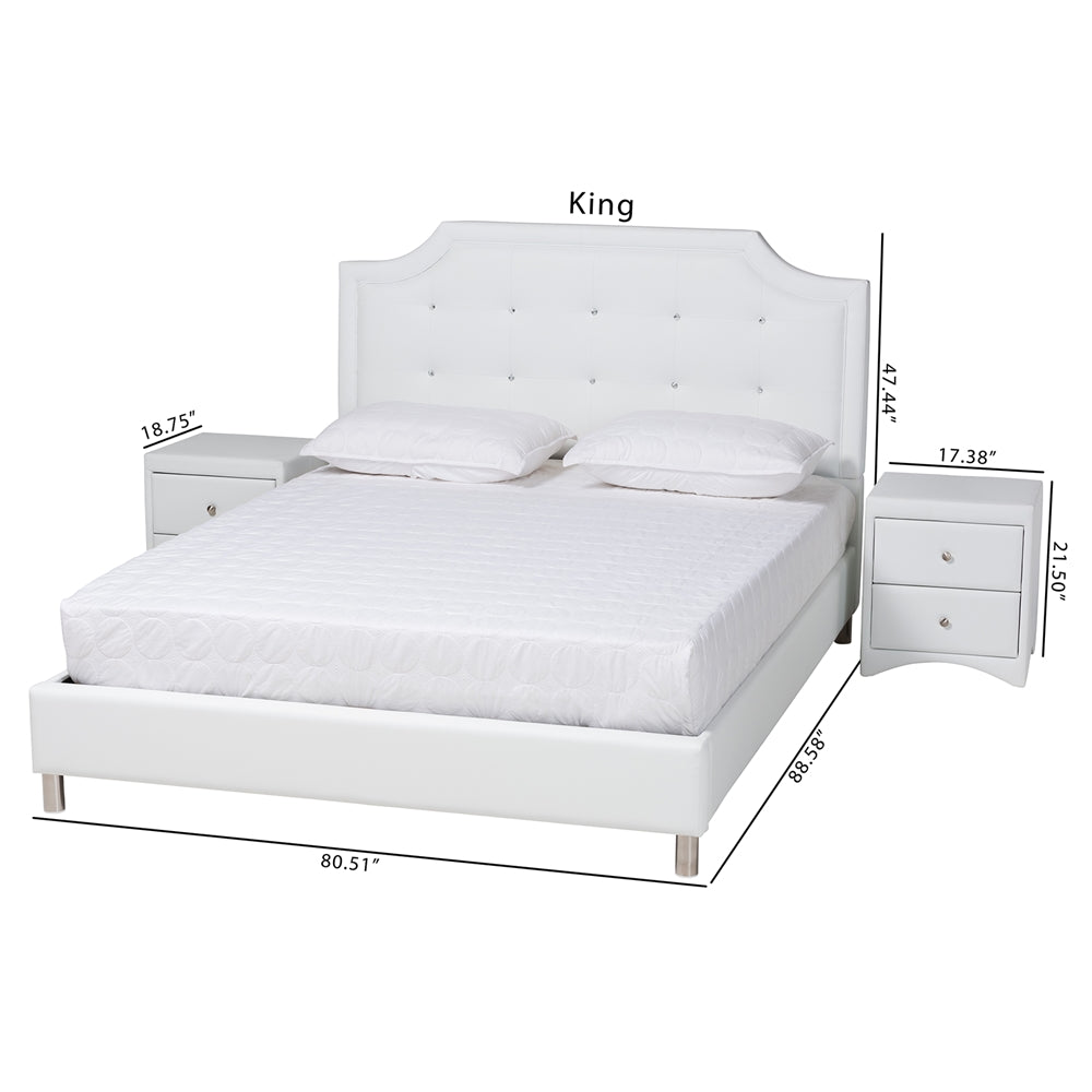 Carlotta Contemporary Glam White Faux Leather Upholstered King Size 3-Piece Bedroom Set