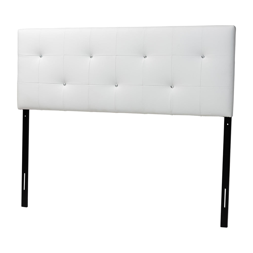 Dalini Modern and Contemporary Queen White Faux Leather Headboard with Faux Crystal Buttons