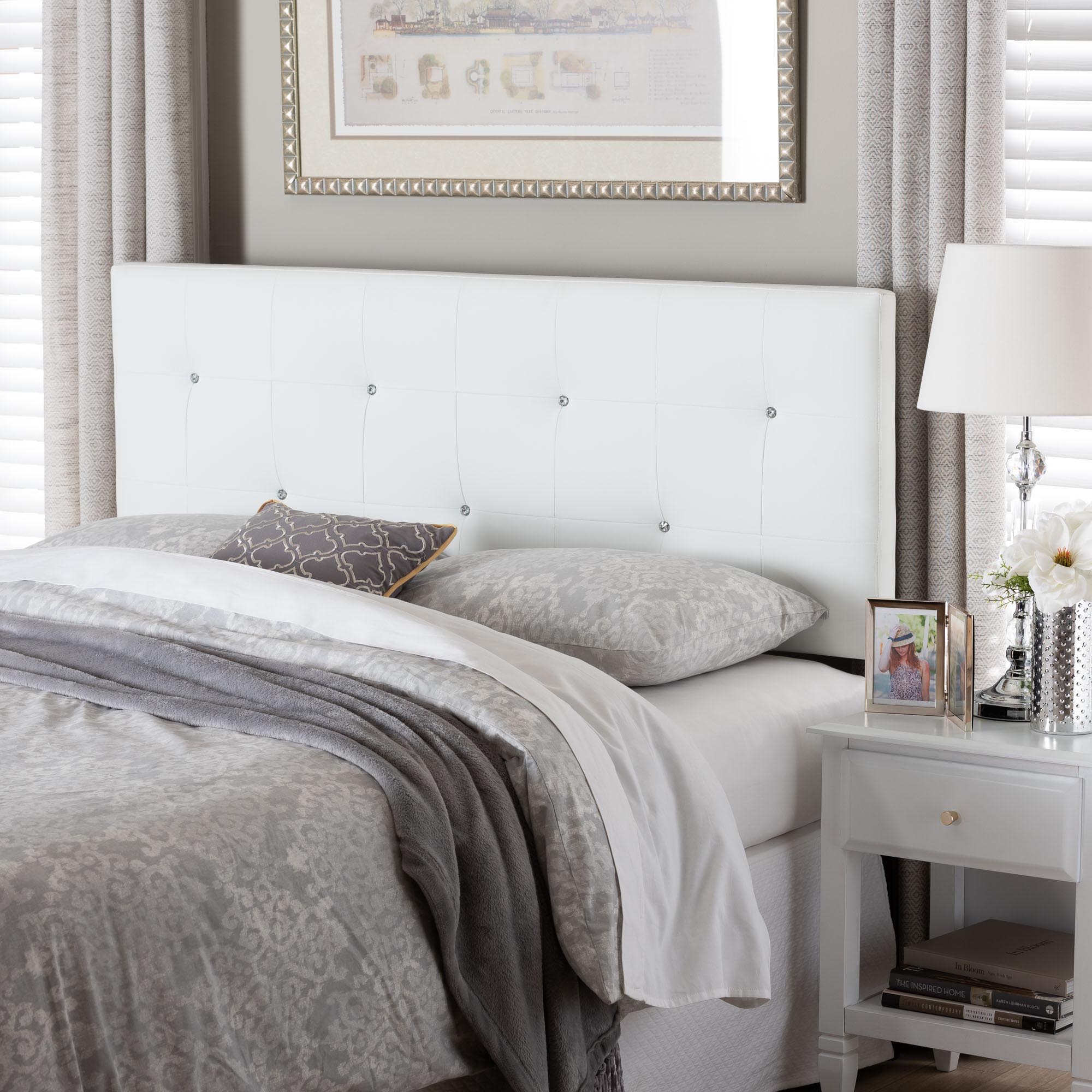Dalini Modern and Contemporary Full White Faux Leather Headboard with Faux Crystal Buttons