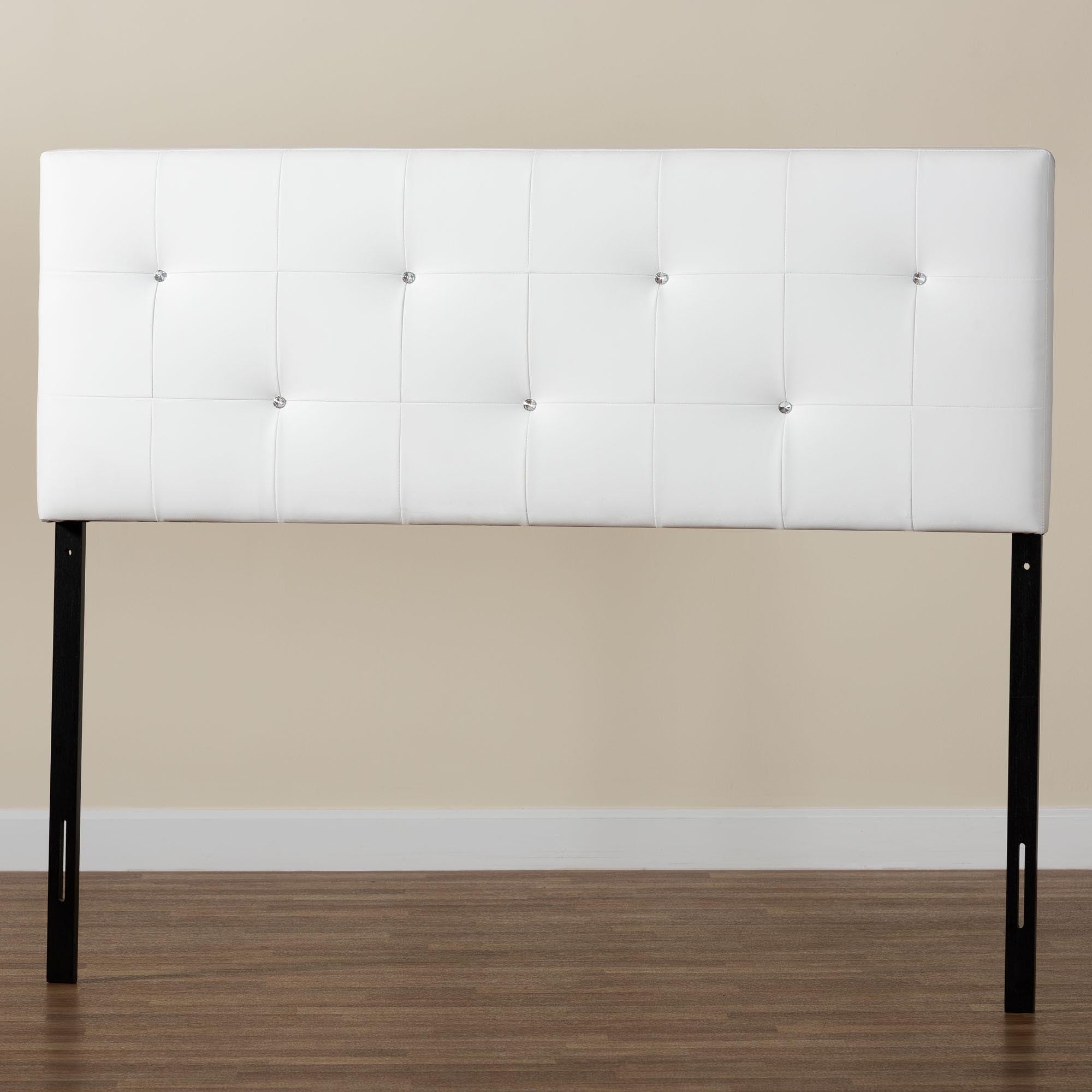 Dalini Modern and Contemporary Queen White Faux Leather Headboard with Faux Crystal Buttons