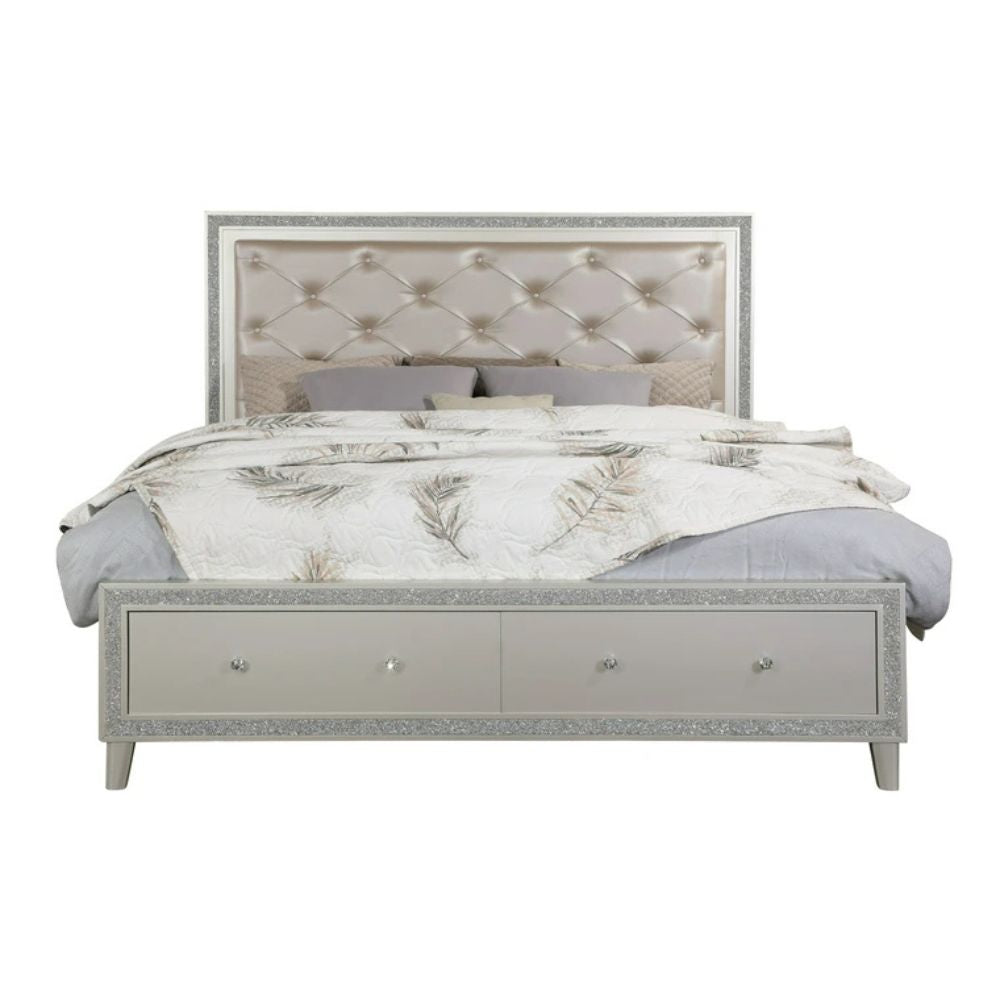 Sliverfluff Queen Bed w/Storage & LED, Synthetic Leather & Champagne Finish