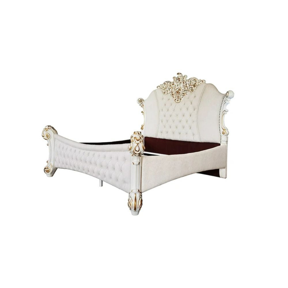 Vendome Eastern King Bed, Two Tone Ivory Fabric & Antique Pearl Finish