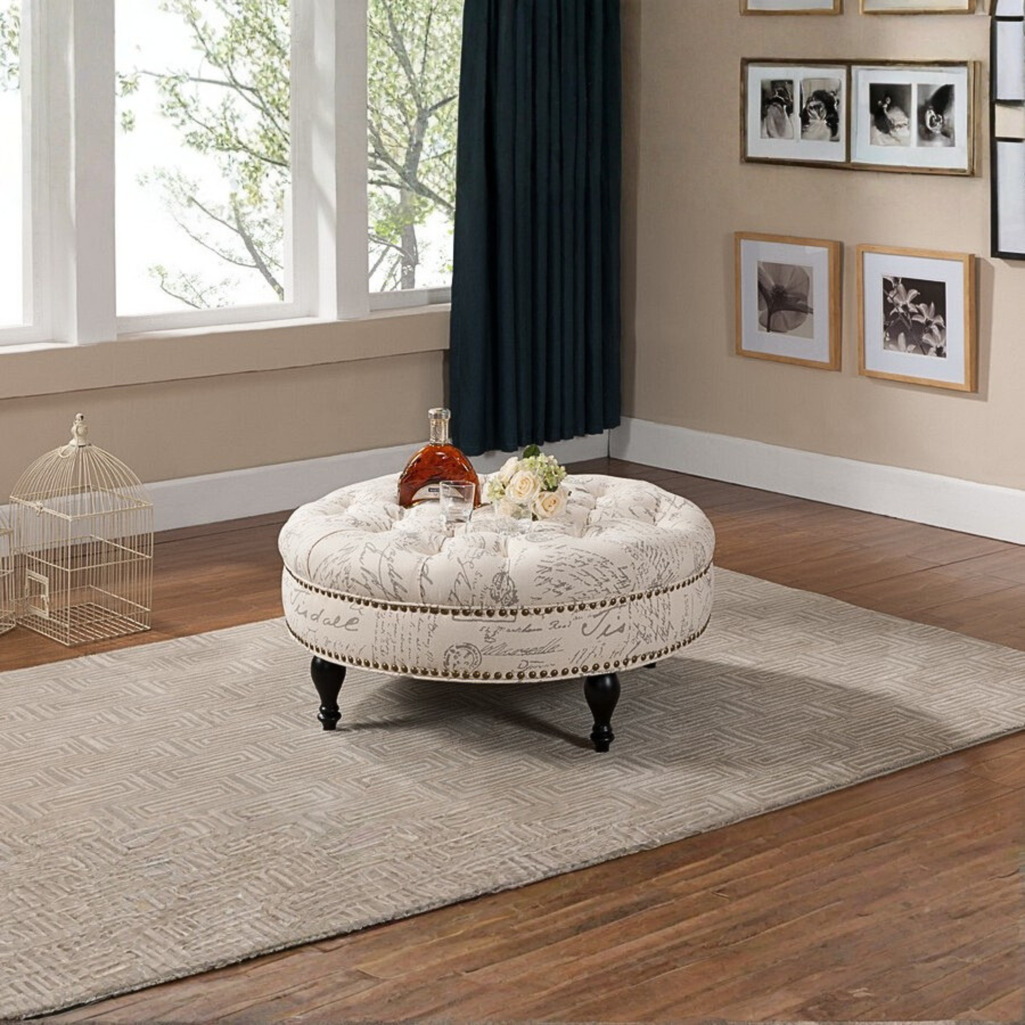 Palfrey Beige Script Print Modern Tufted Ottoman