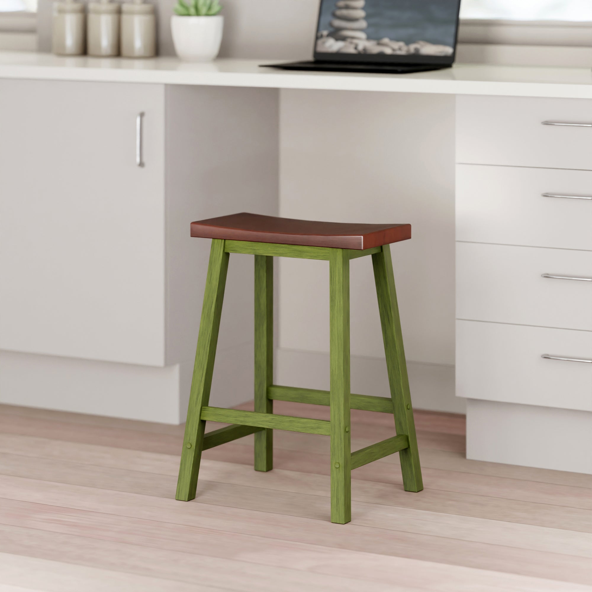 Satori Saddle Seat Counter Stool, Rustic Green and Walnut