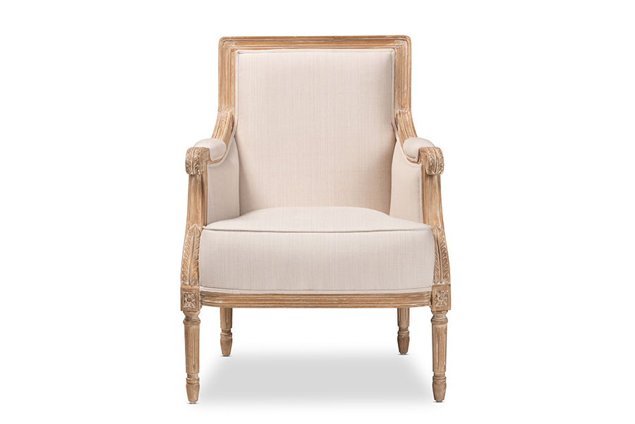 Chavanon Wood & Light Beige Linen Traditional French Accent Chair