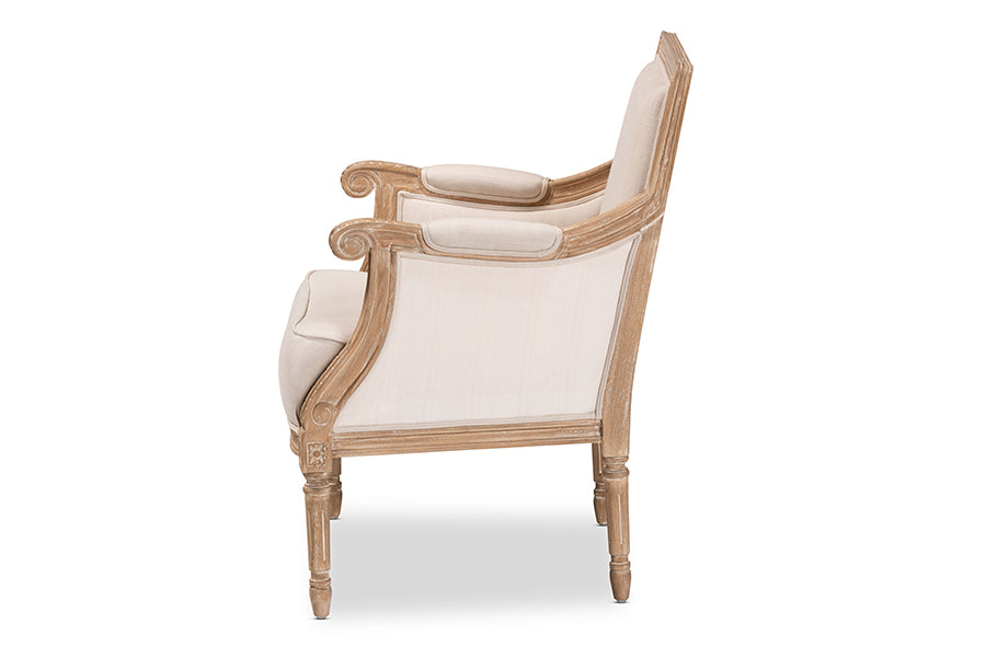 Chavanon Wood & Light Beige Linen Traditional French Accent Chair