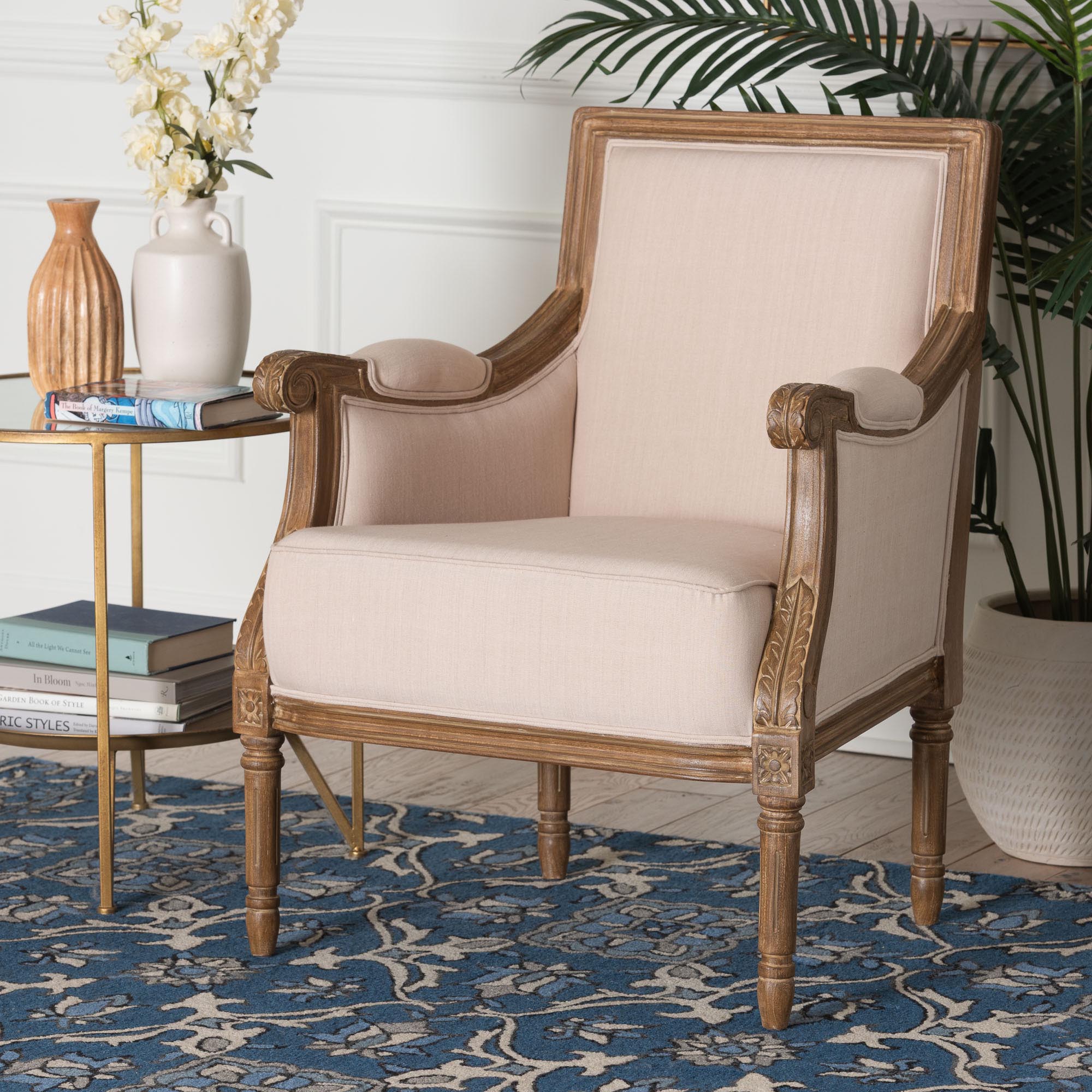 Chavanon Wood & Light Beige Linen Traditional French Accent Chair