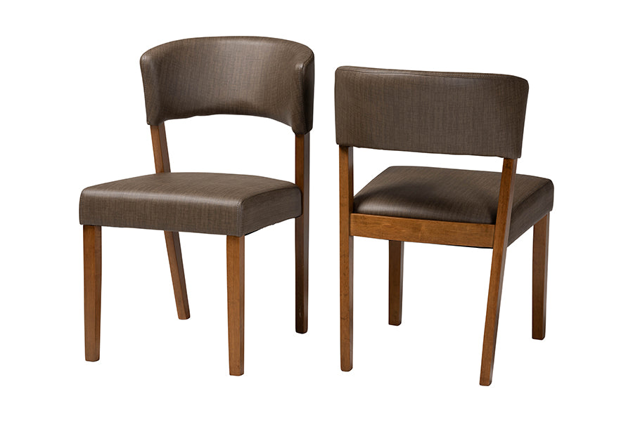 Montreal Mid-Century Dark Walnut Wood Grey Faux Leather Dining Chairs (Set of 2)