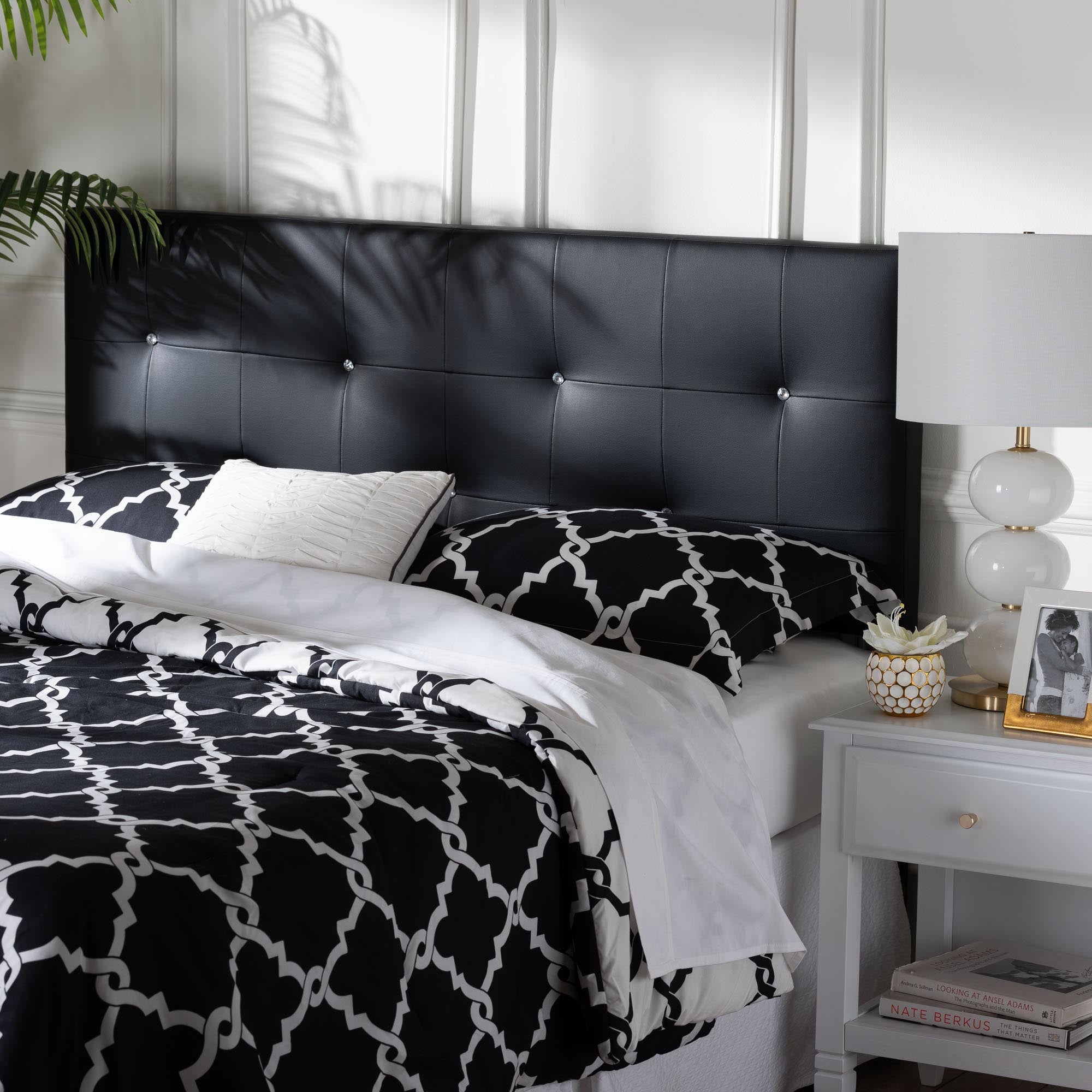 Dalini Modern and Contemporary King Black Faux Leather Headboard with Faux Crystal Buttons