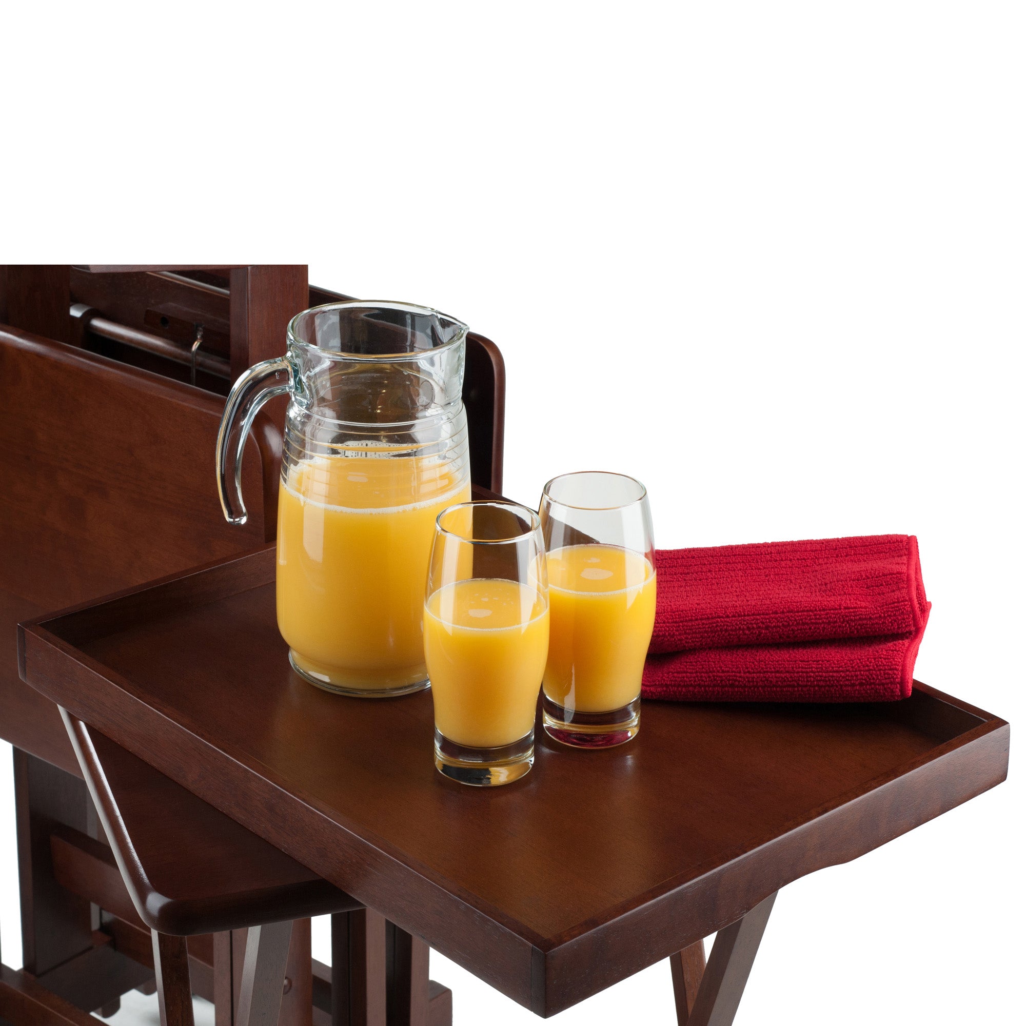 Isabelle Set of 4 Snack Tables with Mobile Stand and Removable Tray, Walnut