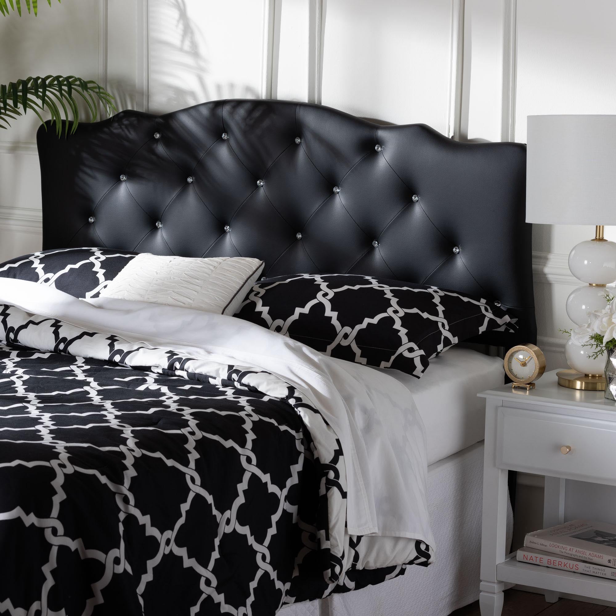 Rita Modern and Contemporary Queen Size Black Faux Leather Upholstered Button-tufted Scalloped Headboard