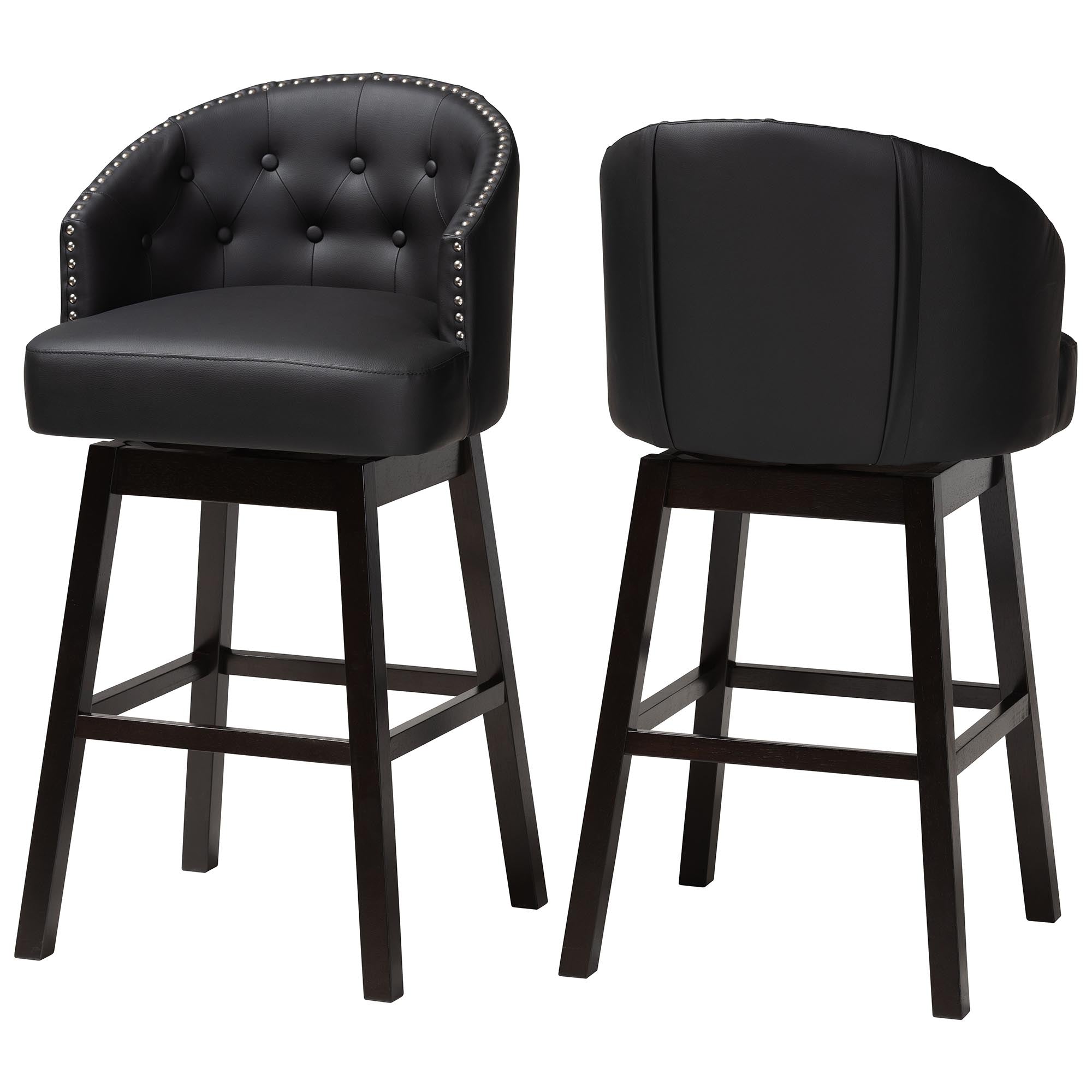 Baxton Studio Avril Modern and Contemporary Black Faux Leather Tufted Swivel Barstool with Nail heads Trim (Set of 2)