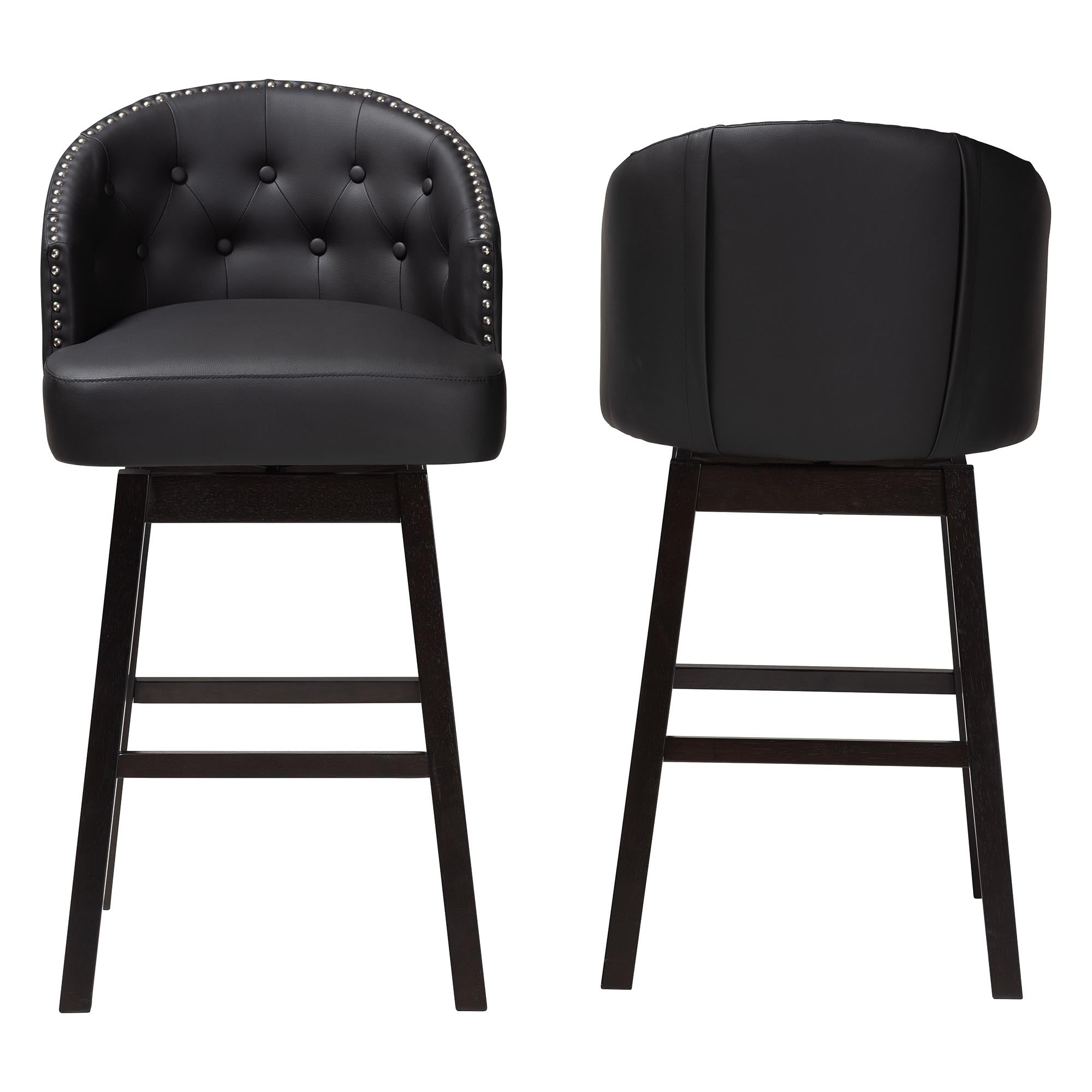 Avril Modern and Contemporary Black Faux Leather Tufted Swivel Barstool with Nail heads Trim (Set of 2)