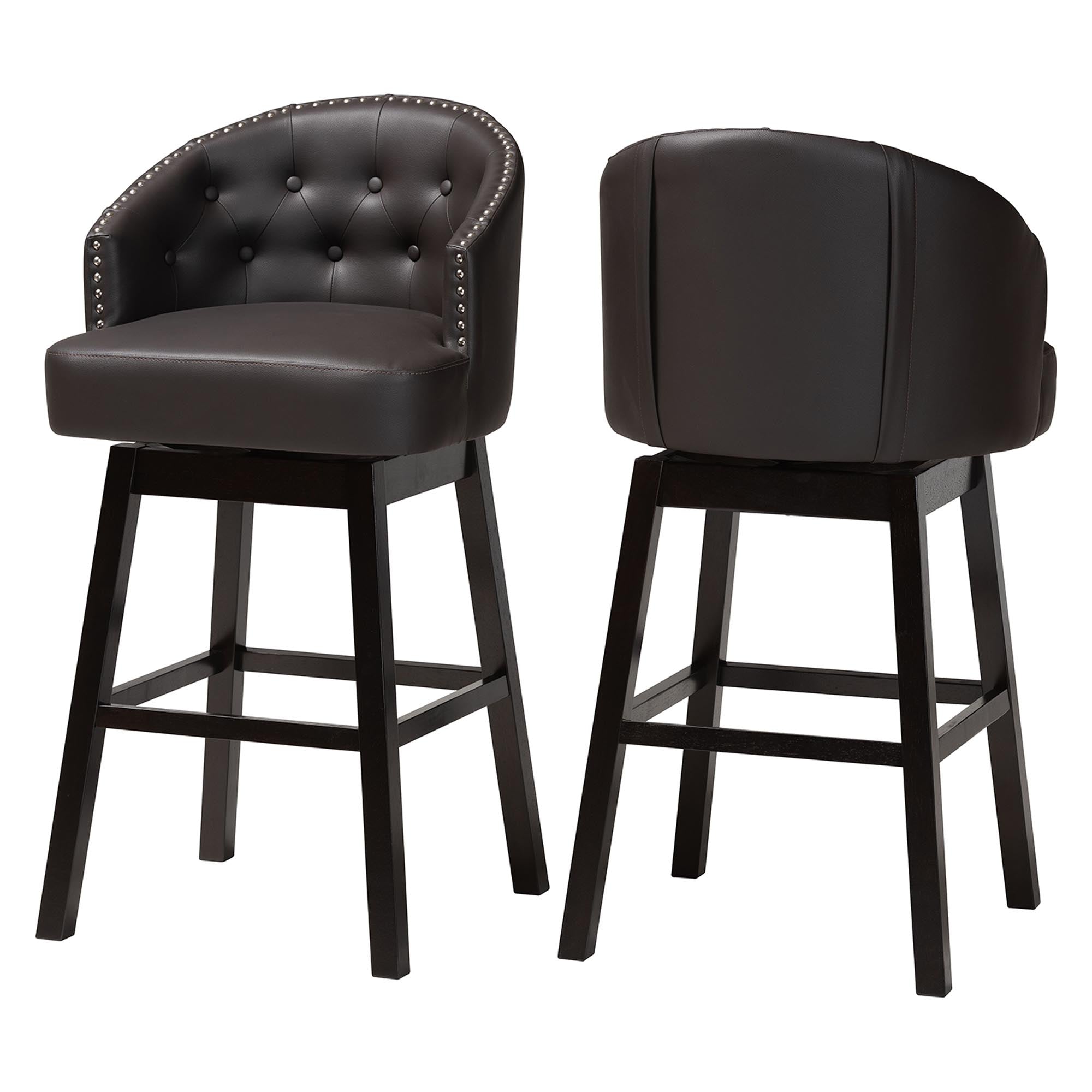 Baxton Studio Avril Modern and Contemporary Brown Faux Leather Tufted Swivel Barstool with Nail heads Trim (Set of 2)