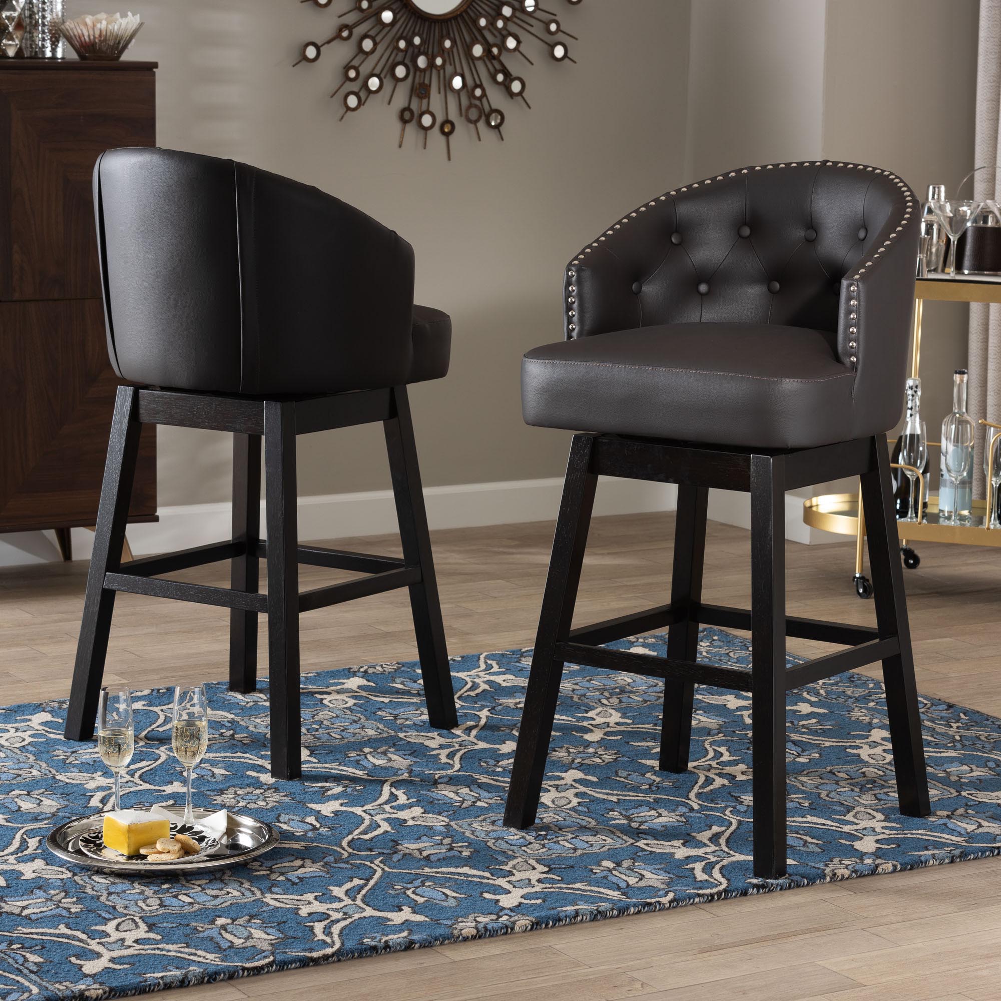 Avril Modern and Contemporary Brown Faux Leather Tufted Swivel Barstool with Nail heads Trim (Set of 2)