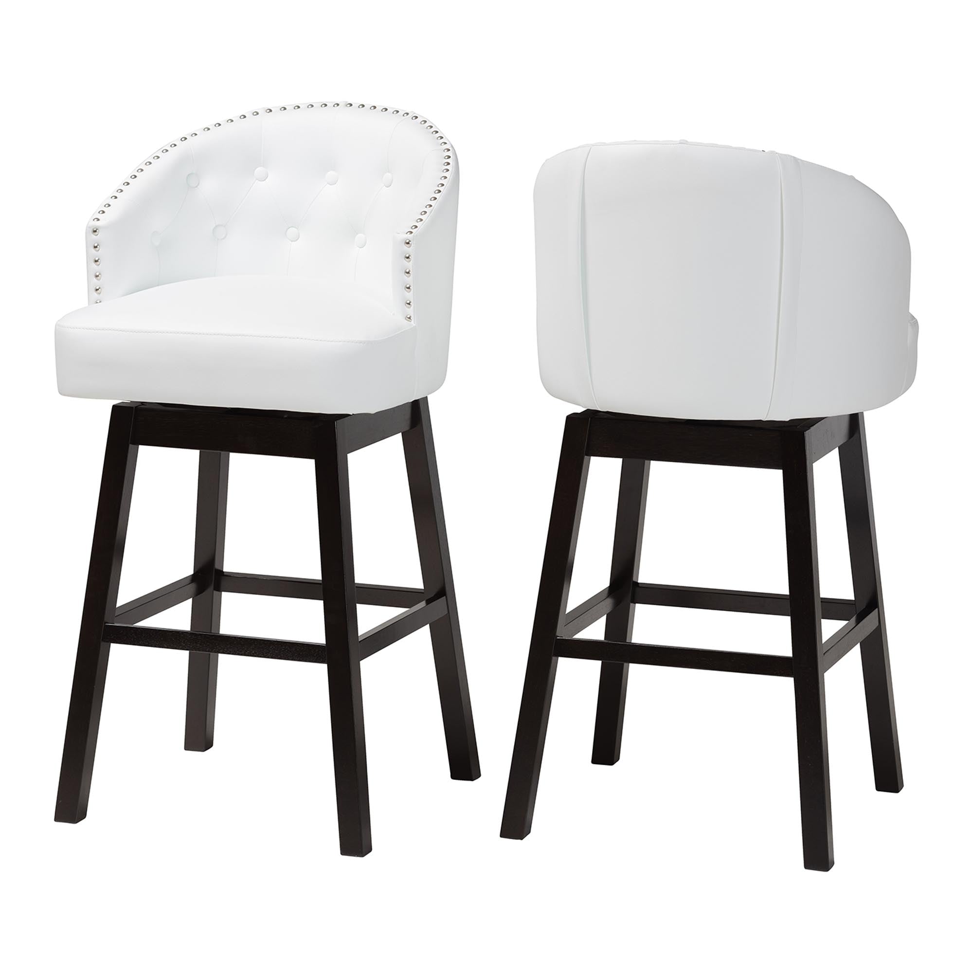 Avril Modern and Contemporary White Faux Leather Tufted 2-Piece Swivel Barstool Set with Nail heads Trim