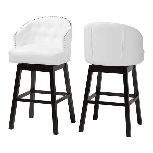 Avril Modern and Contemporary White Faux Leather Tufted 2-Piece Swivel Barstool Set with Nail heads Trim