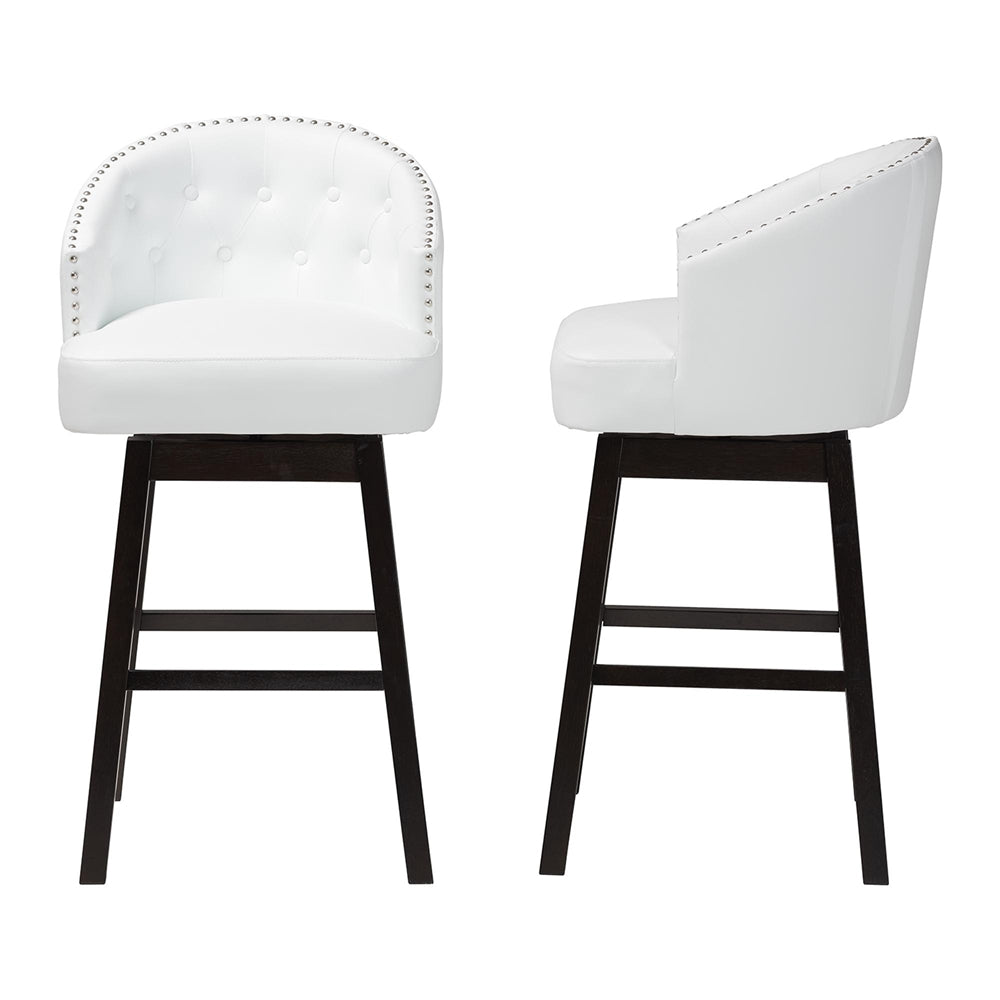 Avril Modern and Contemporary White Faux Leather Tufted 2-Piece Swivel Barstool Set with Nail heads Trim