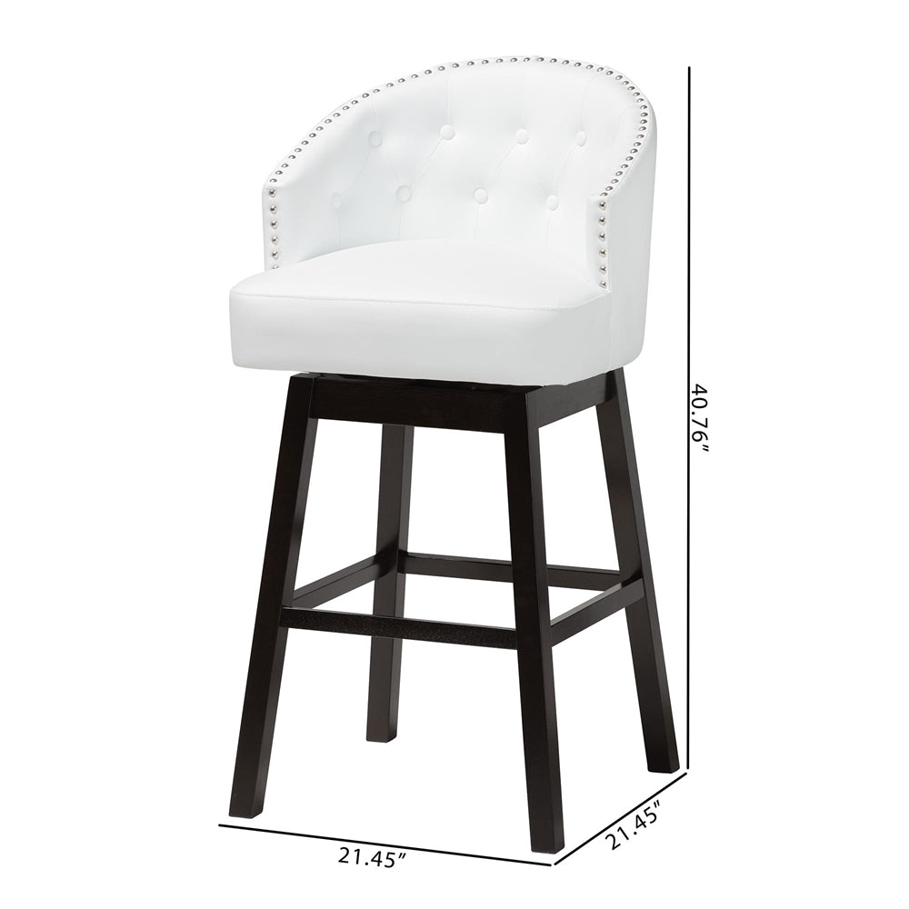Avril Modern and Contemporary White Faux Leather Tufted 2-Piece Swivel Barstool Set with Nail heads Trim