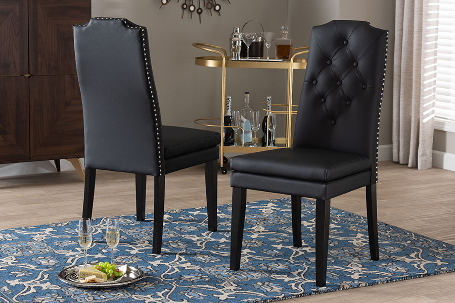 Dylin Modern and Contemporary Black Faux Leather Button-Tufted Nail heads Trim Dining Chair (Set of 2)