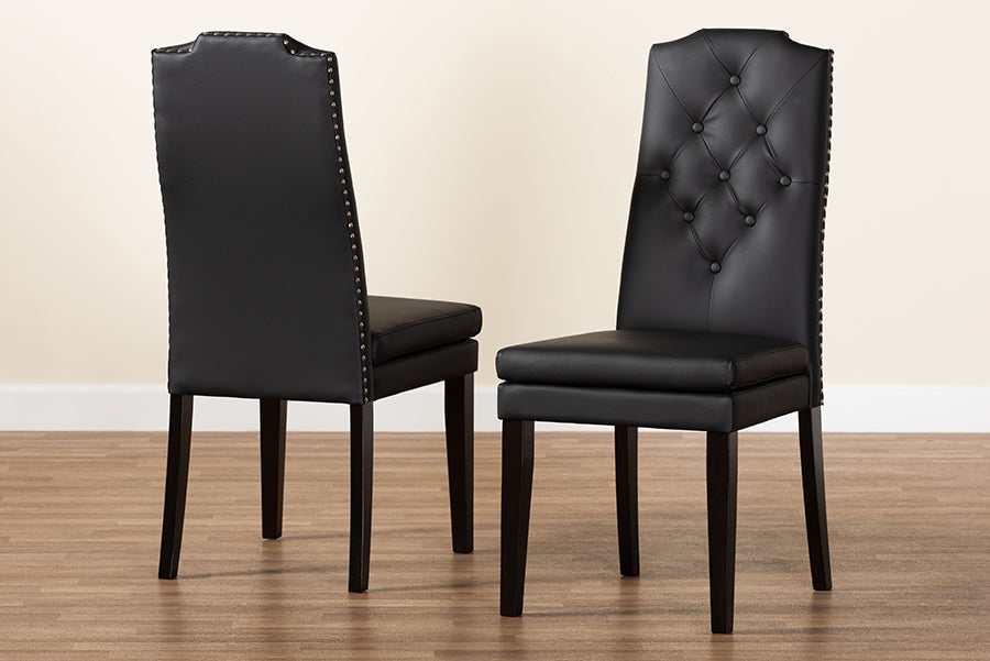 Dylin Modern and Contemporary Black Faux Leather Button-Tufted Nail heads Trim Dining Chair (Set of 2)