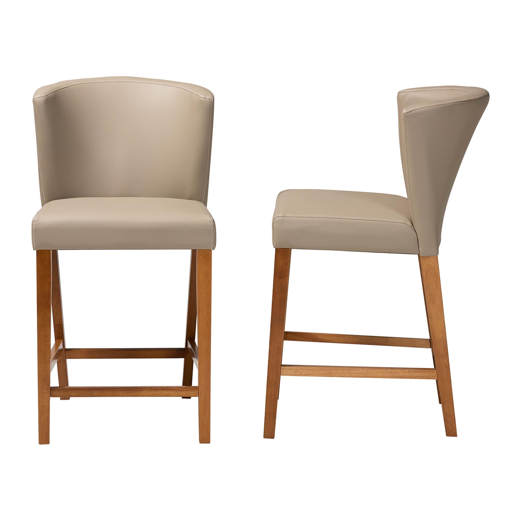 Olivia Mid-Century Modern Scandinavian Style Dark Walnut Wood Beige Faux Leather Pub Stool (Set of 2)