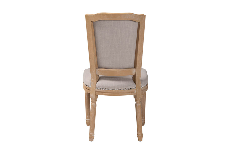 Estelle Chic Rustic French Country Cottage Weathered Oak Beige Fabric Button-tufted Upholstered Dining Chair