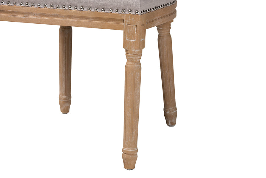 Estelle Chic Rustic French Country Cottage Weathered Oak Beige Fabric Button-tufted Upholstered Dining Chair