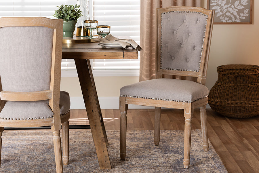 Estelle Chic Rustic French Country Cottage Weathered Oak Beige Fabric Button-tufted Upholstered Dining Chair