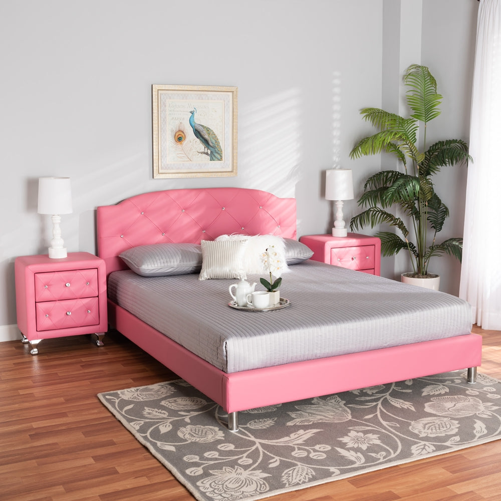 Canterbury Contemporary Glam Pink Faux Leather Upholstered Queen Size 3-Piece Bedroom Set