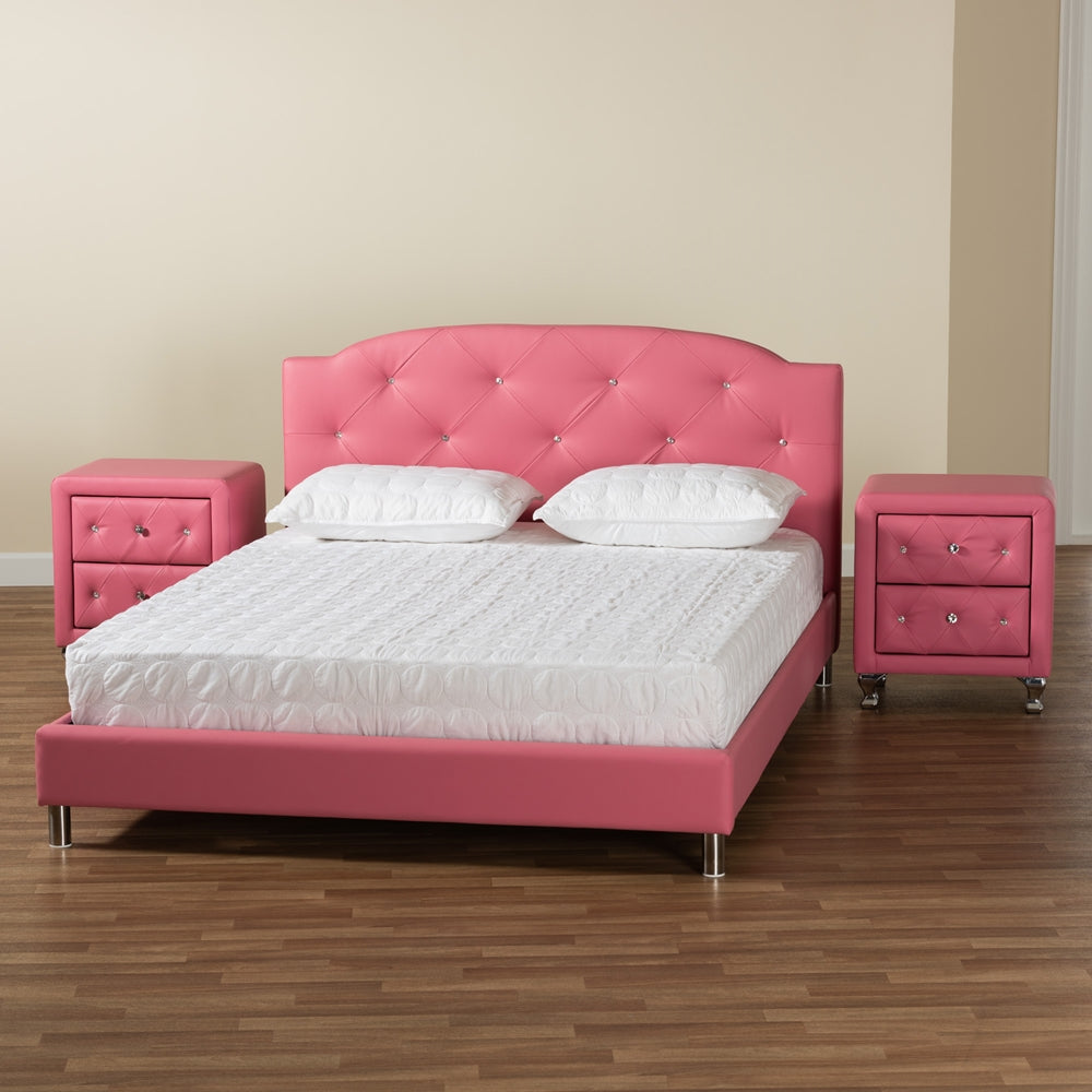 Canterbury Contemporary Glam Pink Faux Leather Upholstered Queen Size 3-Piece Bedroom Set