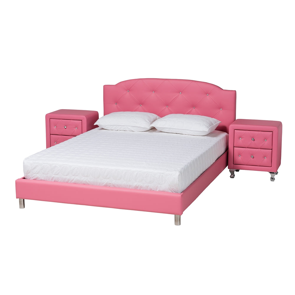 Canterbury Contemporary Glam Pink Faux Leather Upholstered Queen Size 3-Piece Bedroom Set