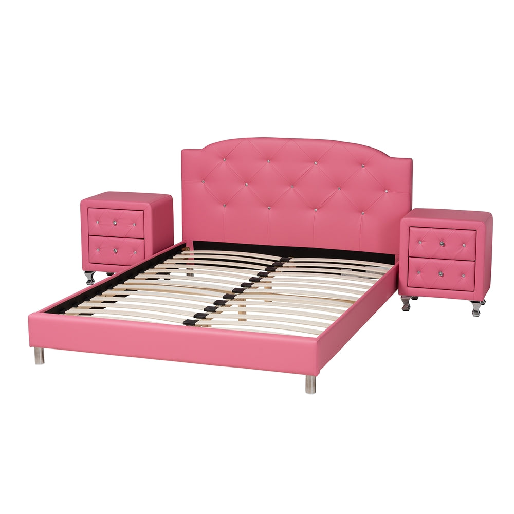 Canterbury Contemporary Glam Pink Faux Leather Upholstered Queen Size 3-Piece Bedroom Set