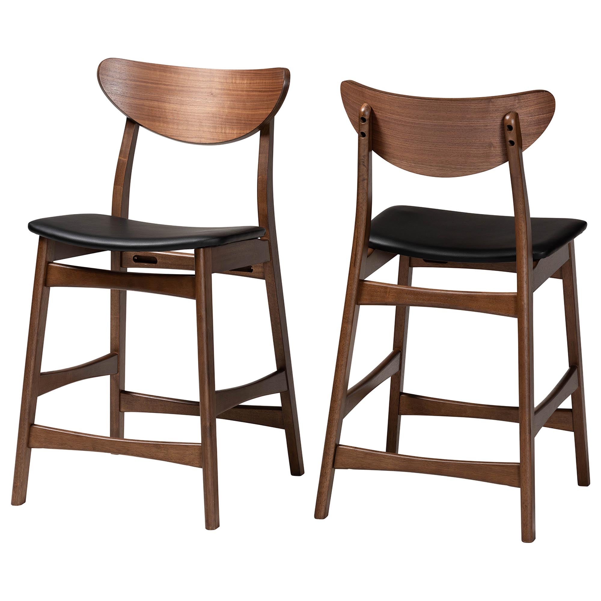 Latina Mid-century Retro Modern Scandinavian Style Black Faux Leather Upholstered Walnut Wood Finishing 24-Inches Counter Stool (Set of 2)