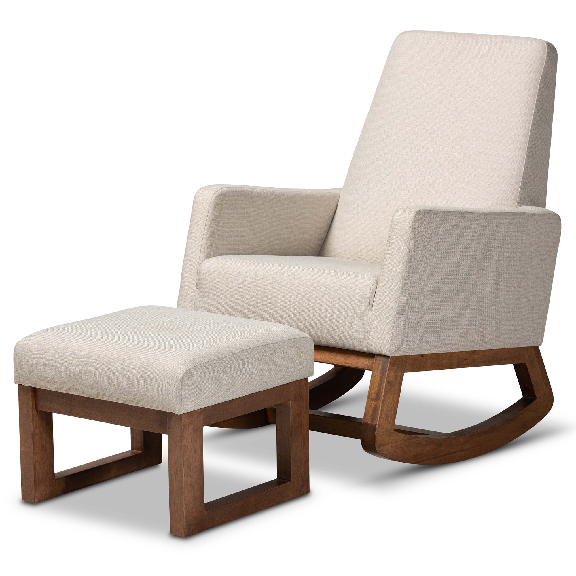 Yashiya Mid-century Retro Modern Light Beige Fabric Upholstered Rocking Chair and Ottoman Set