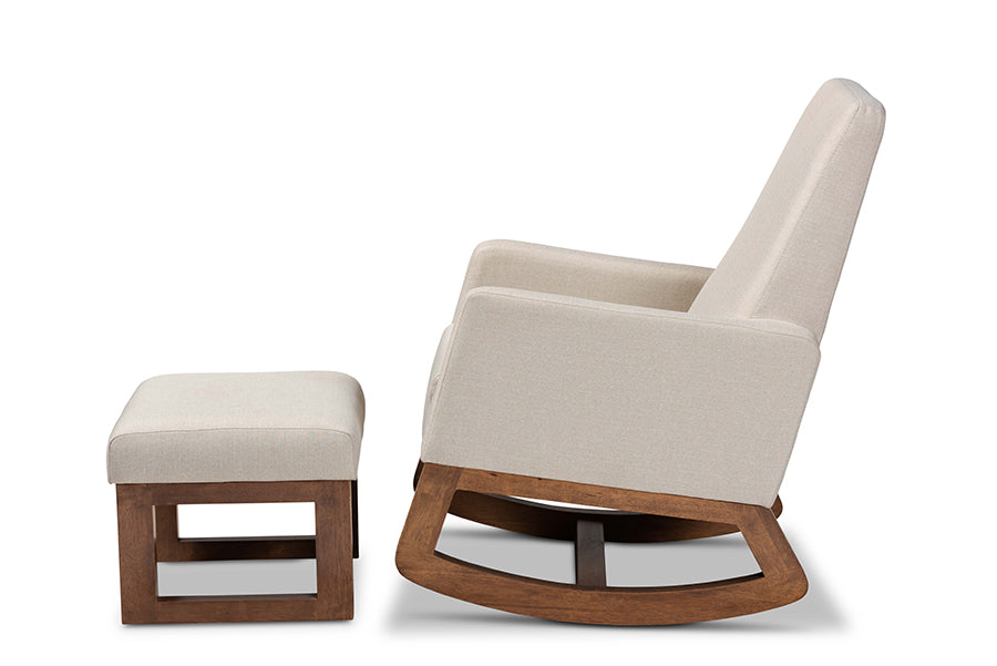 Yashiya Mid-century Retro Modern Light Beige Fabric Upholstered Rocking Chair and Ottoman Set