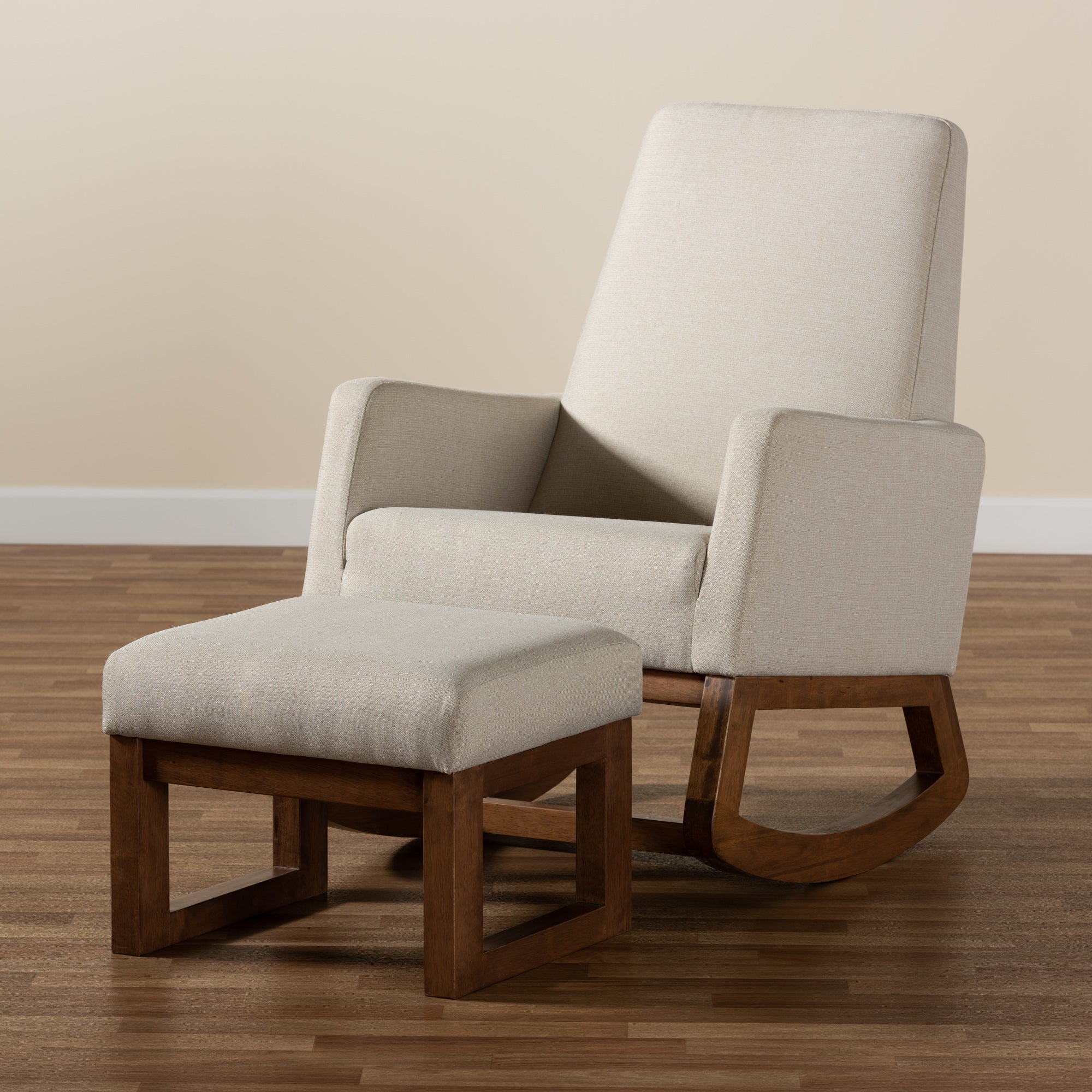 Yashiya Mid-century Retro Modern Light Beige Fabric Upholstered Rocking Chair and Ottoman Set