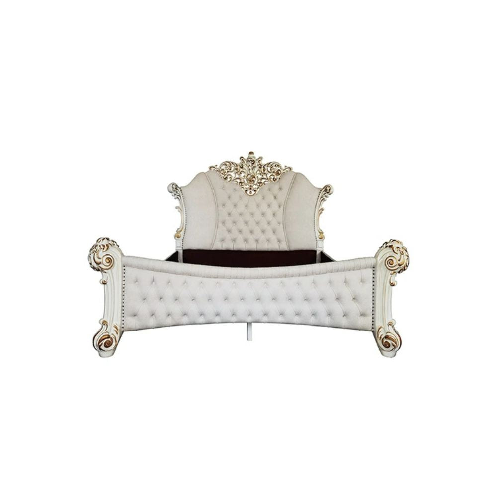 Vendome Eastern King Bed, Two Tone Ivory Fabric & Antique Pearl Finish