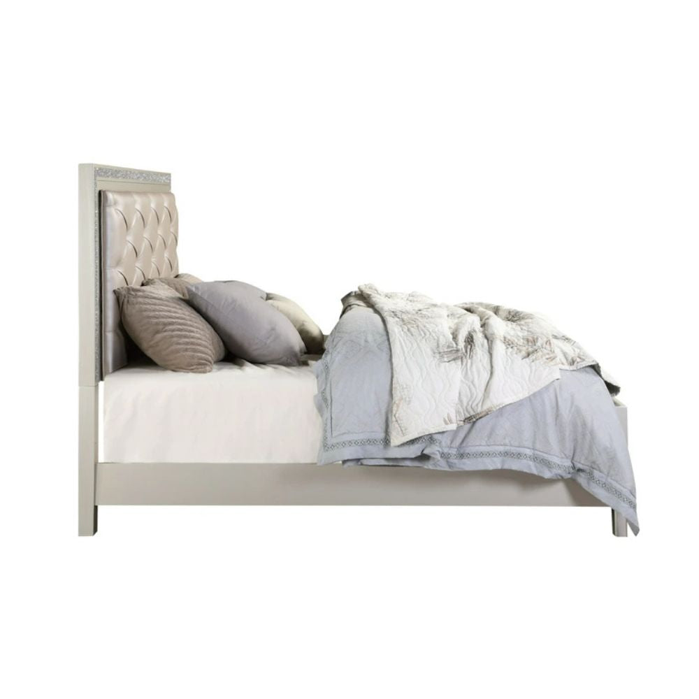 Sliverfluff Eastern King Bed w/Storage & LED, Synthetic Leather & Champagne Finish