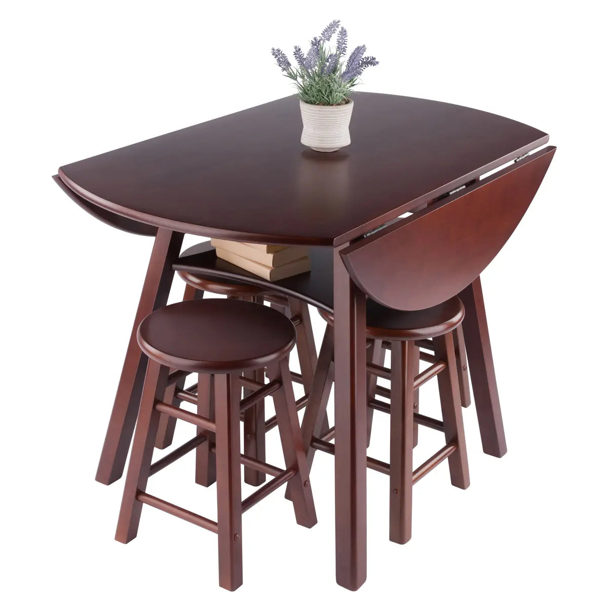 Marbelle Table 5-Pc Drop Leaf Dining Table with 4 Element 18” Dining Stools, Walnut