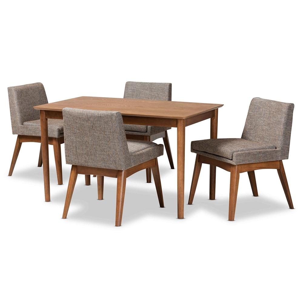 Nexus Mid-Century Modern Gravel Fabric Upholstered and Walnut Brown Finished Wood 5-Piece Dining Set