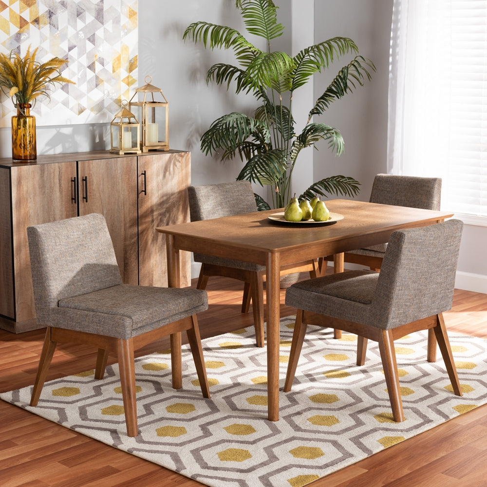 Nexus Mid-Century Modern Gravel Fabric Upholstered and Walnut Brown Finished Wood 5-Piece Dining Set