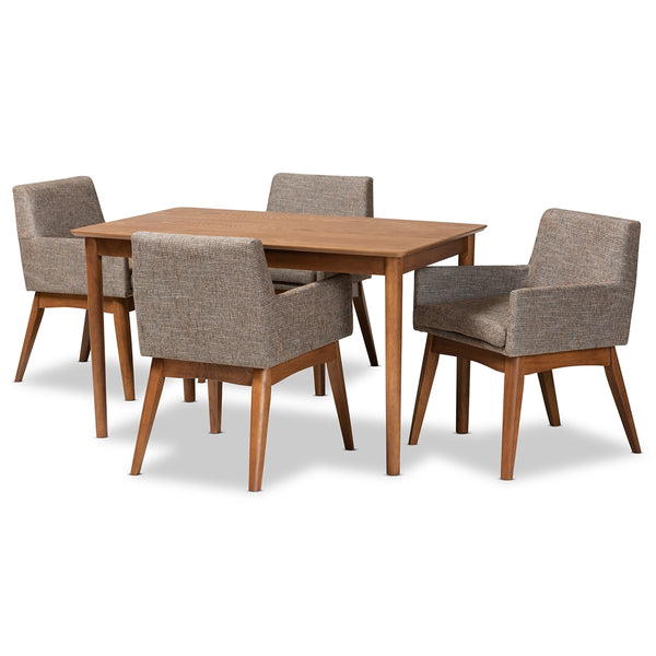Dorina Mid-Century Modern Gravel Fabric Upholstered and Walnut Brown Finished Wood 5-Piece Dining Set
