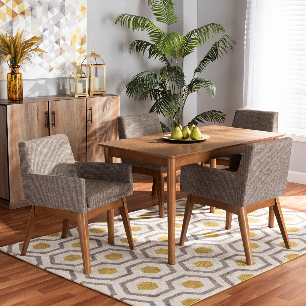 Dorina Mid-Century Modern Gravel Fabric Upholstered and Walnut Brown Finished Wood 5-Piece Dining Set