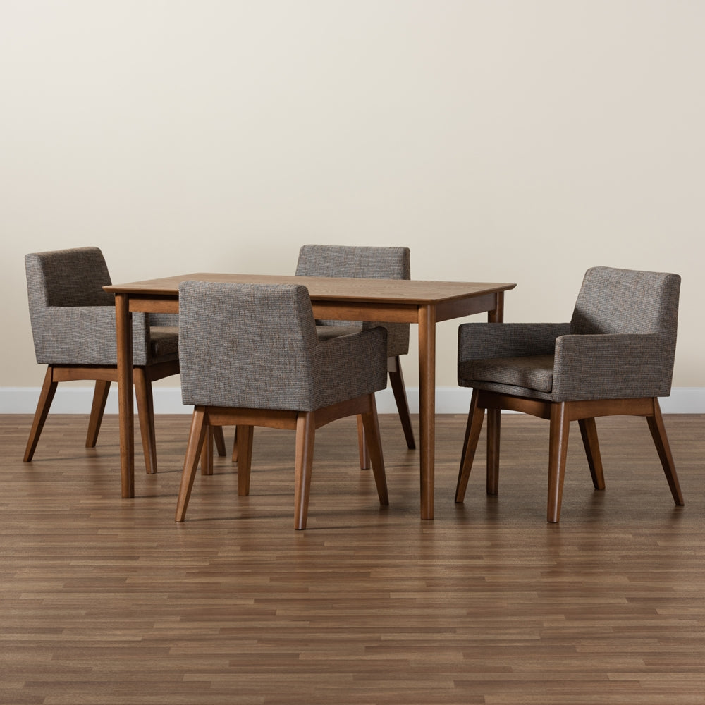 Dorina Mid-Century Modern Gravel Fabric Upholstered and Walnut Brown Finished Wood 5-Piece Dining Set