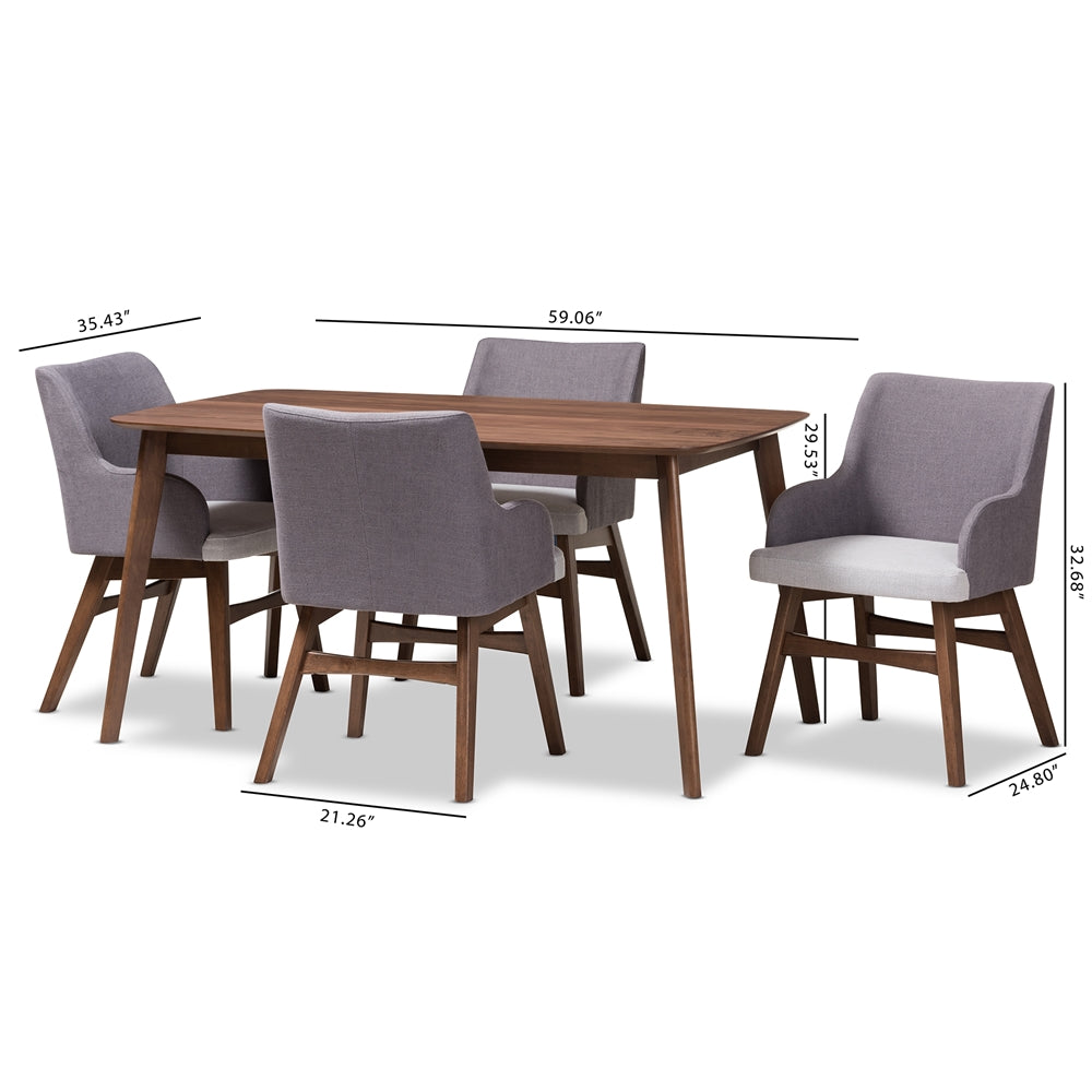 Monte Mid-Century Modern Walnut Wood Rectangular 5-Piece Dining Set