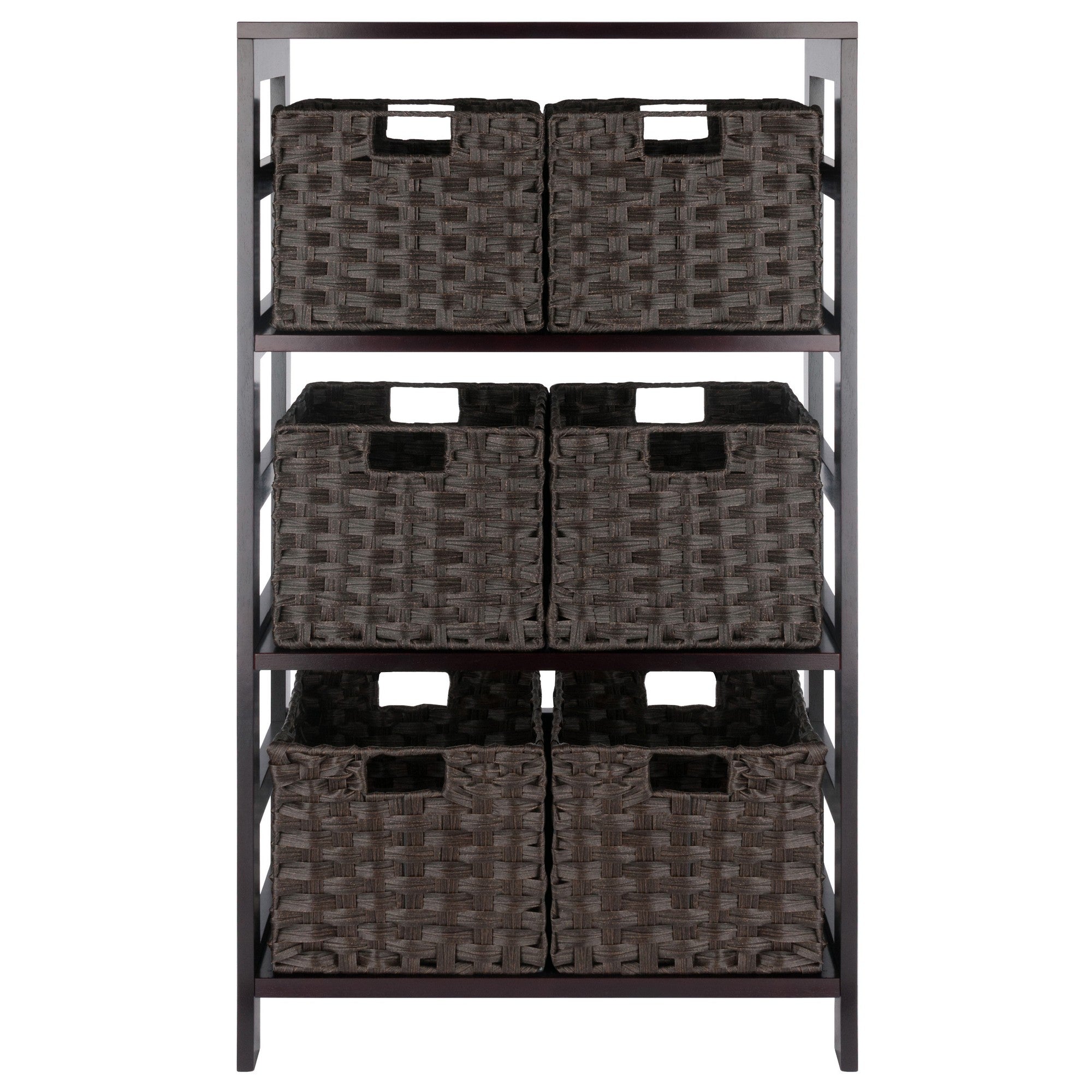 Leo 7-Pc Storage Shelf with 6 Foldable Woven Baskets, Espresso and Chocolate