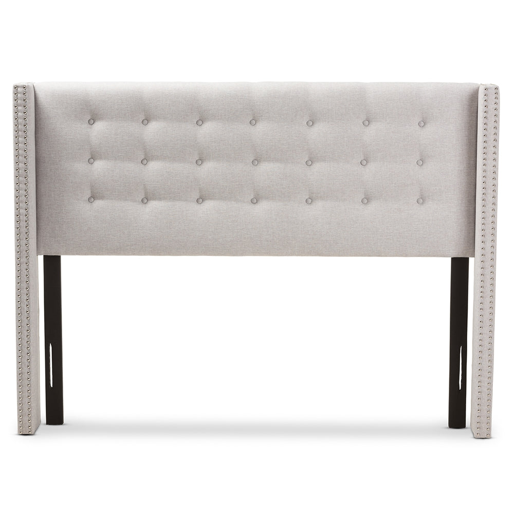 Ginaro Modern And Contemporary Greyish Beige Fabric Button-Tufted Nail head King Size Winged Headboard